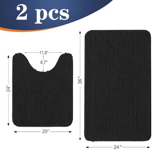 Image of OLANLY Bathroom Rugs Sets 2 Piece, Soft Absorbent Chenille Bath Mats and U-Shaped Contour Toilet Mat Area Rug Set, Machine Washable Bath Carpet, Home Decor Accessories(36 inchx24 inch+24 inchx20 inch, Black)
