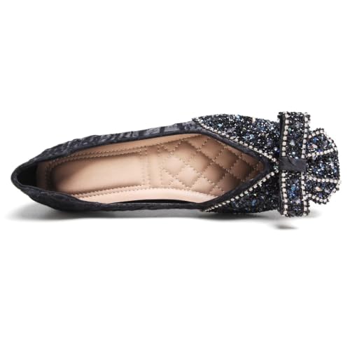 Image of SAILING LU Women's Rhinestone Square Toe Bowknots Ballet Flats Loafers