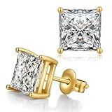 Gold Cubic Zirconia Stud Earrings 925 Sterling Silver Simulated Diamond Studs Hypoallergenic Square CZ Cartilage Earring Piercing Jewellery Gifts for Women Men 6 mm