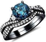 VANDANA GEMS & JEWELRY 2.50 Ctw Round Cut Blue Diamond Bridal Set Women's & Men's Wedding Ring 14K Black Gold Finish (7.5)
