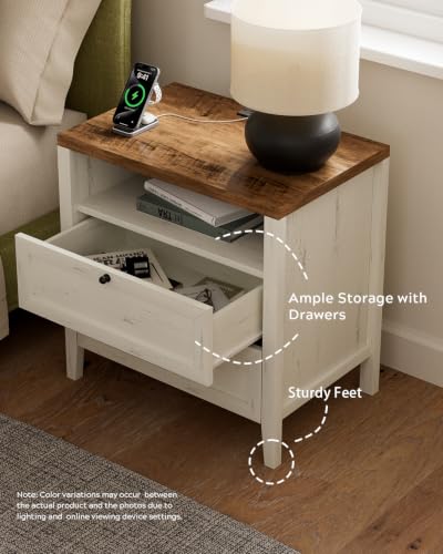 Image of EYYTHUNG Modern Nightstands Set of 2 with 2 Drawers Wooden End Table with Charging Station Farmhouse Night Stand Bedside Side Table with Storage Open Shelf for Bedroom, Rustic White and Honey Brown