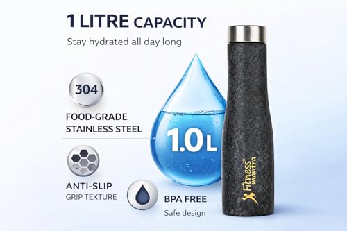 Image of Fitness Mantra Stainless Steel Water Bottle 1L | Reusable, Durable & Leak-Proof Bottle for Daily Use|1 Piece|