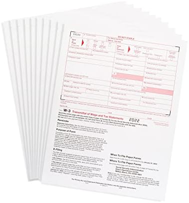 W3 Transmittal Tax Forms 2022, 10 Form W-3 Summary Laser Forms for Transmittal of Wage and Tax Statements, W-3 Forms, Compatible with QuickBooks and Accounting Software, 10 Pack