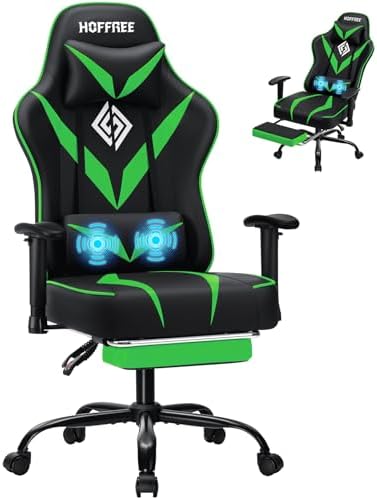 HOFFREE Massage Gaming Chair with Pocket Spring Cushion 155° Recl...