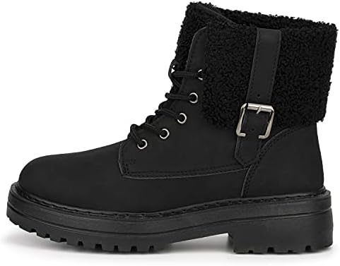 Olivia Miller Women's Fashion Shoes, Black Faux PU Leather & Sherpa Lined Lug Sole Slip On Lace Up Round Toe Work Bootie Winter Snow Ankle Combat Boots | Image 1