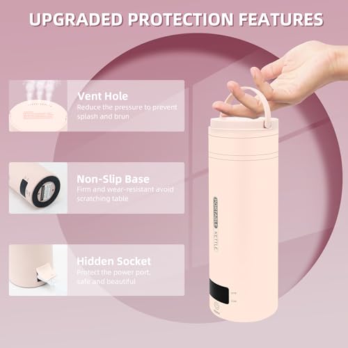 Image of Travel Electric Kettle Portable Small Mini Tea Coffee Kettle Water Boiler, Water Heater with 4 Temperature Control,304 Stainless Steel with Auto Shut-Off & Boil Dry Protection, BPA-Free (Pink)