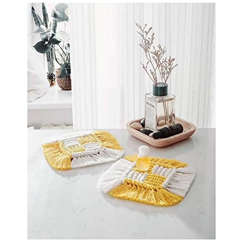 JOXJOZ Handmade Macrame Coasters Duble-Colors Cotton Woven Square Coasters with Tassels Thick Table Pad for Mugs and Cups,Table Decor (Yellow) Cover