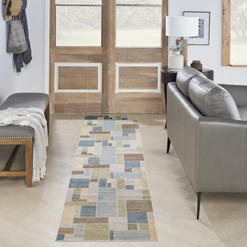 Nourison Home Astra Machine Washable Mid-Century Modern Blue Green Multi 2'2" x 8' Area -Rug, Easy -Cleaning, Non Shedding, Bed Room, Living Room, Dining Room, Kitchen (2x8)