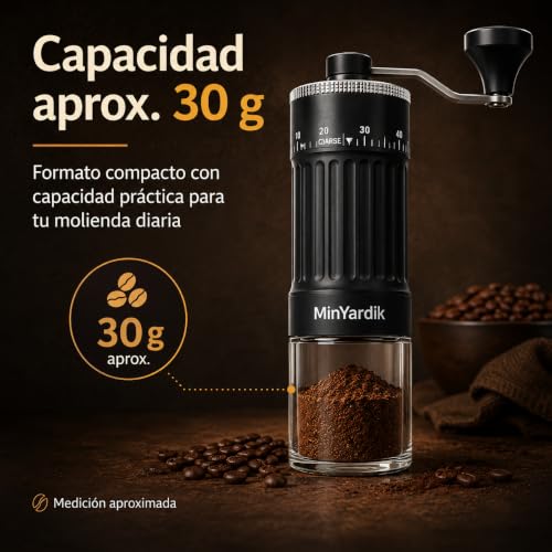Miniatura 3 de Minyardik Molinillo De Café Manual 2 En 1 Con Adaptador Hexagonal Para Atornillador 40 Niveles De Molienda Muelas Cónicas De Cerámica Espresso, Moka, Aeropress, Viajes Y Camper