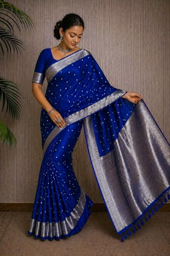Image of Women's Glory Kanjivaram Banarasi Silk Saree with Polka Dot Embroidery Blend Woven Zari with Jacquard Woven Unstitched Blouse Piece.