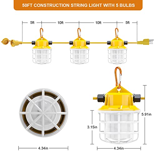 Riuvao 50Ft Led Construction String Lights, 75W 7500Lm Super Bright Led String Work Lights, Construction Temporary Lights (50Ft-5Lights) #TOP1