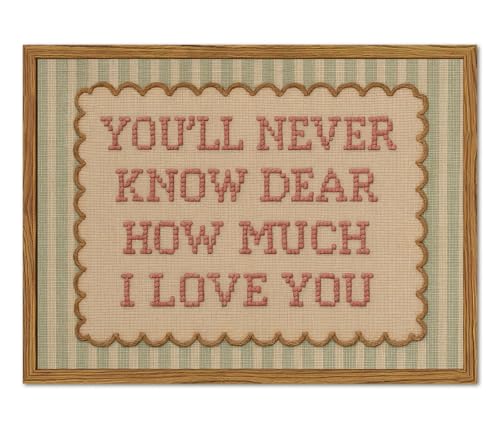 Framed You'll Never Know Dear How Much I Love You Wall Art, Vintage Nursery Pink Green Striped Pictures Wall Decor, Inspirational Quote Paintings Canvas Prints for Girl Bedroom Living Room 12x16 inch