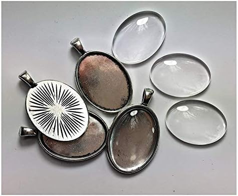 ALL in ONE 10 Sets Cabochon Frame Setting Tray Pendant with Clear Glass Dome Tile for DIY Jewelry Making (25x18MM Antique Silver#1) image 3