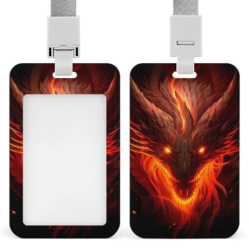 Image of Fire Dragon Head Hard Badge Holder with Lanyard Heavy Duty Sliding ID Card Name Tag Holders for Office Key Cards