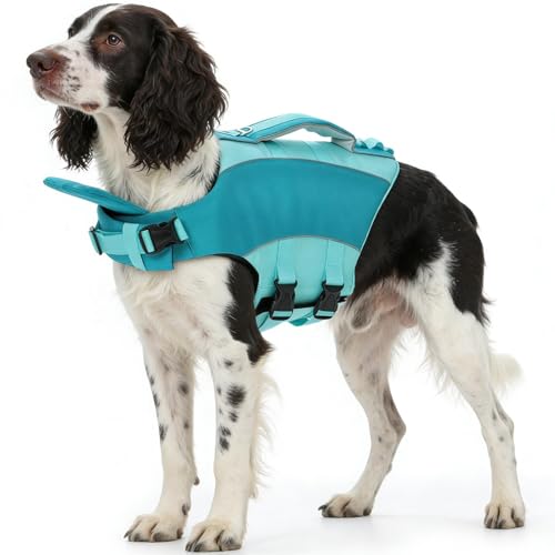 Kuoser Dog Life Jacket, Front Float Dog Life Vest for Swimming Boating, Reflective Pet Swim Suit with Rescue Handle & D-Ring & Chin Float for Small Medium Large Dogs, Green M M(Chest:20.5"-2