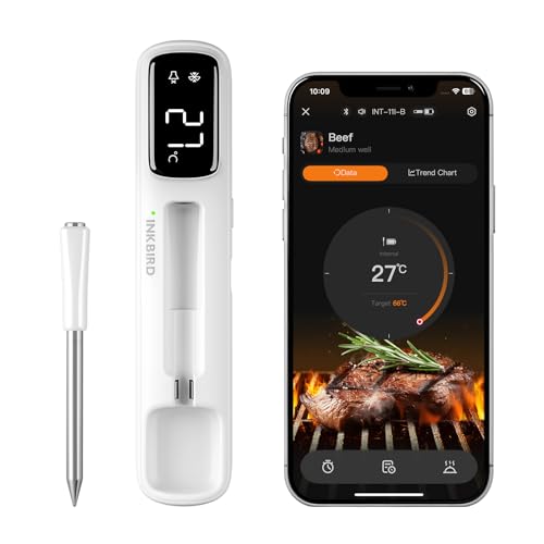 INKBIRD Mini Wireless Meat Thermometer INT-11I-B Bluetooth 5.4 1000ft/305m Ultra Long Connection 60 Min Offline Data Storage IP67 Waterproof LED Display Food Thermometer for BBQ Grill Oven