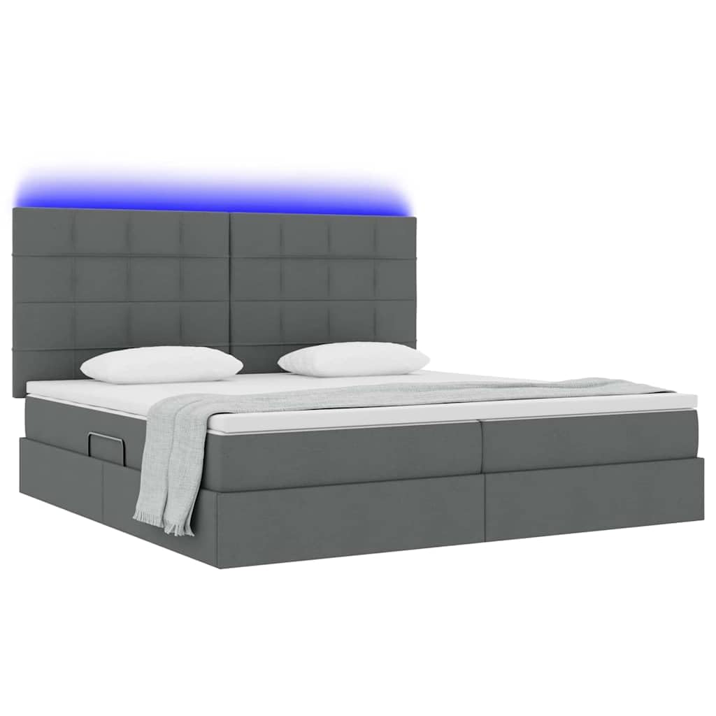 Letto portaoggetti moderno con illuminazione a LED e materasso, telaio in metallo, rivestimento in poliestere, grigio scuro, 200 x 200 cm, sistema di sollevamento idraulico, luce RGB