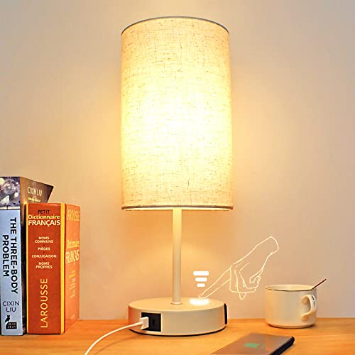 LTBLIGHT LTBLIGHT 3-Way Dimmable Touch Table Lamp USB & Outlet White Fabric Shade