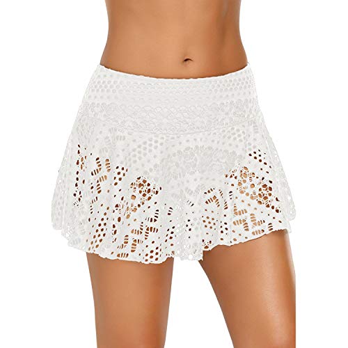 Image of Womens Lace Crochet Swim Skirt Bikini Bottoms Swimsuit Shorts Skort Swimdress White