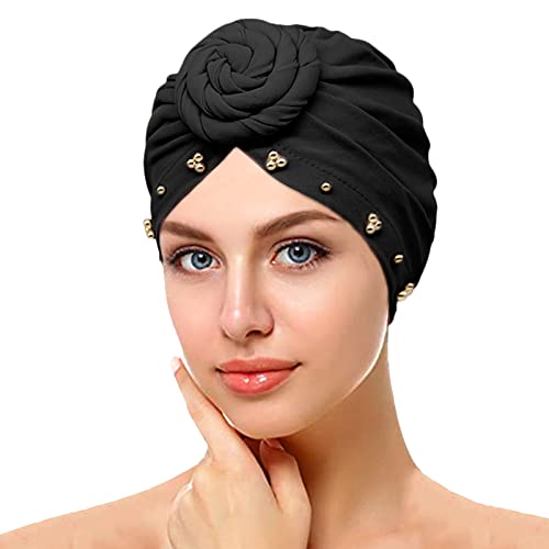 Turbante para la cabeza, gorros de natación plisados para mujer, elegantes turbantes hiyab para mujer, gorro de baño elástico para dormir, Negro -, Talla única