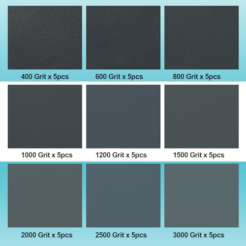 Schleifpapier Set, Nass und Trocken Sandpapier 23 x 9 cm, Körnung 400 600 800 1000 1200 1500 2000 2500 3000, Fein Schleifpapier für Auto Metall Holz Lack Wände Glas Schleifen Finishing (45)