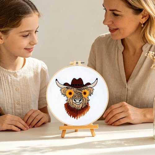 Image of Highland Cow Embroidery Kits for Beginners Adults, Animal Hand Embroidery Starters Kits, Stamped Cross Stitch Kits DIY Needlepoint Kits for Beginners Adults, Embroidery Hoop, Thread and Video Tutorial