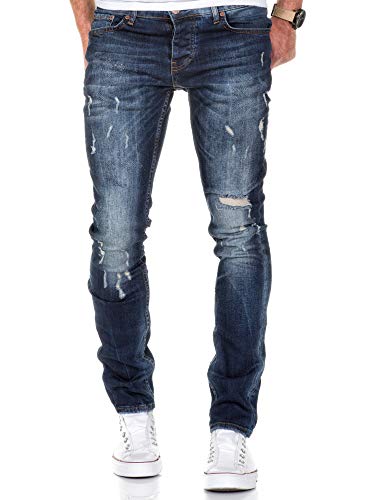 Amaci&Sons Herren Strech Destroyed Slim Fit Denim Jeans Hose 7500 Dunkelblau W33/L32