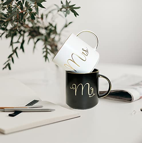 Cheardia 12 Oz Mr And Mrs Mugs, Ceramic Coffee Mug Set Engagement Gifts For Couples, His And Hers Mugs For Bride And Groom, Anniversary, Valentines, Bridal Shower, Wedding, Black & White #TOP3
