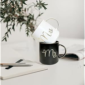 Cheardia 12 oz Mr and Mrs Mugs, Ceramic Coffee Mug Set Engagement Gifts for Couples, His and Hers Mugs for Bride and Groom, Anniversary, Valentines, Bridal Shower, Wedding, Black & White Cheardia 12 oz Mr and Mrs Mugs Ceramic Coffee Mug Set Engagement Gifts for Couples His and Hers Mugs for Bride and Groom Anniversary Valentines Bridal Shower Wedding Black White
