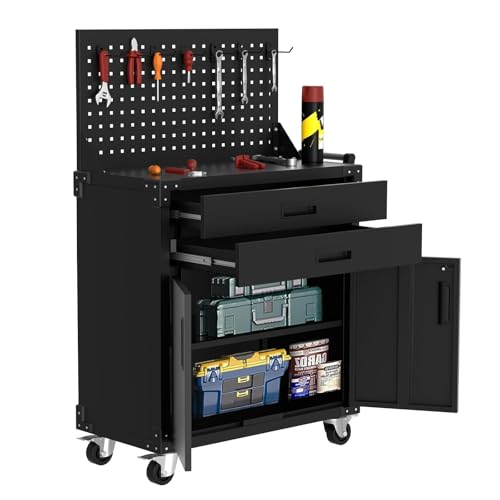 Crevyteg Heavy-Duty Rolling Steel Storage Cabinet with 2 Drawers, Adjustable Shelves & Lockable Pegboard - Mobile Tool Organiser for Garage, Workshop, Warehouse