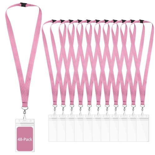 48-Pack Pink Breakaway Lanyards with Waterproof Badge Holders, Polyester Neck Straps for ID Cards, Events, Office, and Schools