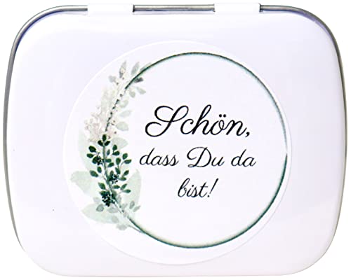 Gastgeschenke Hochzeit Dose 5 Stück in weiß mit Mandeln, Bonbons oder Fruchtgummis und Aufkleber, grün Blumen (Mandeln rosa) Cover