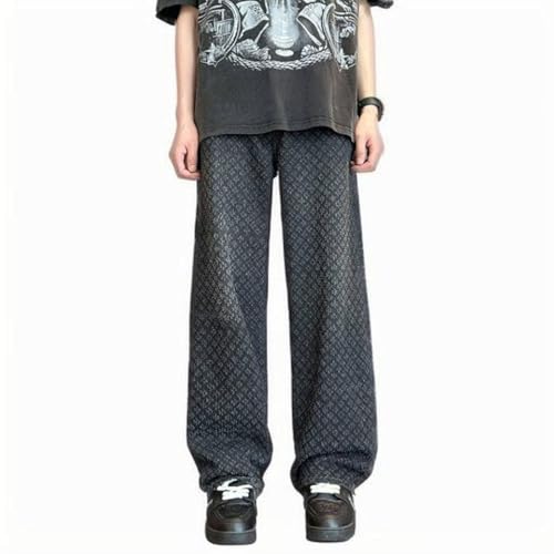 Cambkatl Men's Jacquard Jeans, Loose Straight Leg Casual Drawstring Elastic Waist Vintage Washed Denim Pants4