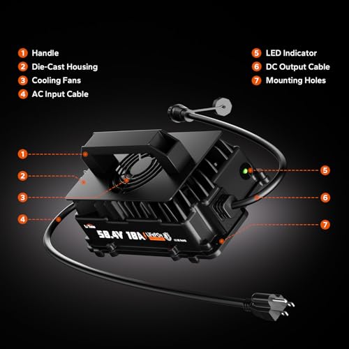 Image of LiTime 48V (58.4V) 18A Lithium Battery Charger for 48V (51.2V) LiFePO4 Battery, IP65 Waterproof, AC-DC Smart Charger for Golf cart, Electric Outboard, Boat and Home
