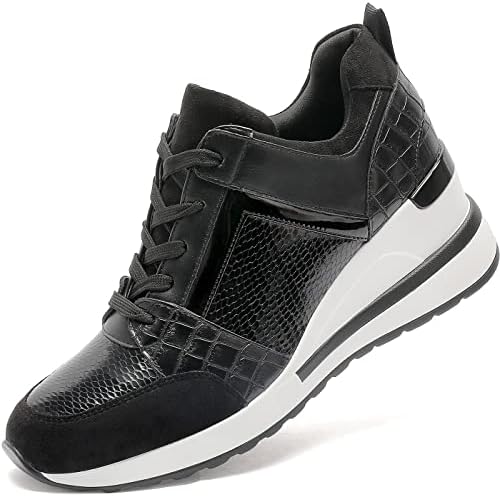 YZ Fashion Wedge Sneaker for Women High Heel Lace Up Platform Sneakers (Black, 7)