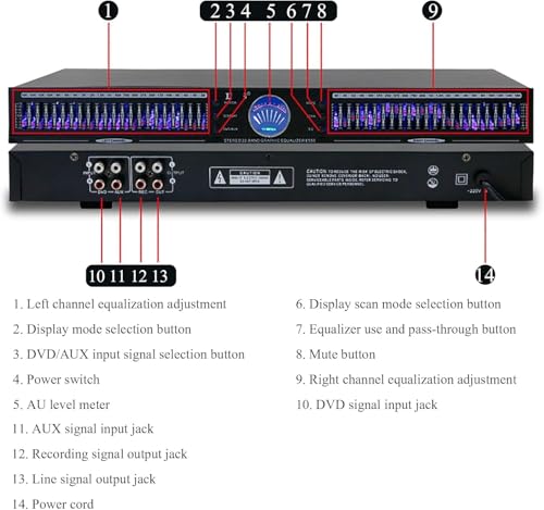 Ecualizador de audio, ecualizador gráfico estéreo de 22 bandas con 10 efectos preestablecidos, canal dual 1U rack mount, reducción automática de ruido, afinación EQ Hifi para hogar. miniatura 2