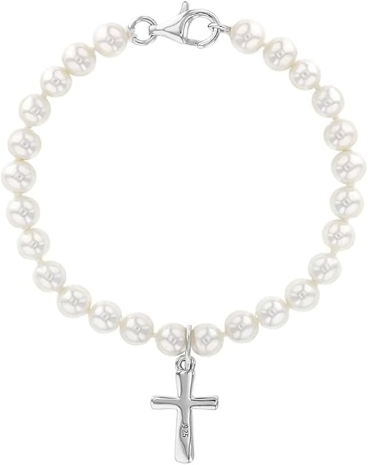 925 Sterling Silver 5" White Simulated Pearl Baby Girls