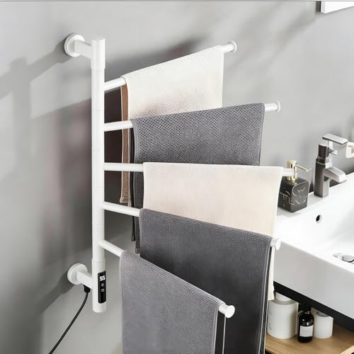 HRSMTY Seche Serviette Electrique Rotatif 5 Barres Pivotantes 180° Porte-Serviettes Chauffant Mural Radiateur Chauffe Serviette en Acier Inoxydable avec...