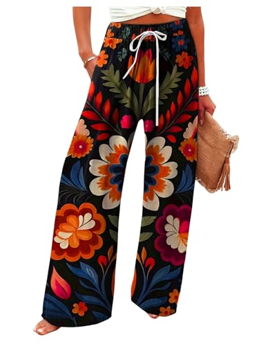 Women's Floral Boho Beach Pants Drawstring High Waisted Wide Leg Baggy Lounge Trousers