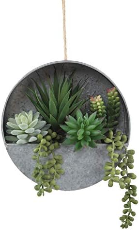 Flora Bunda Modern Artificial Succulent in 8 inch Hanging Galvanized Tin Wall Planter, Boho wall Decor, Hanging Fake Plants Cactus for Home, Office image 5