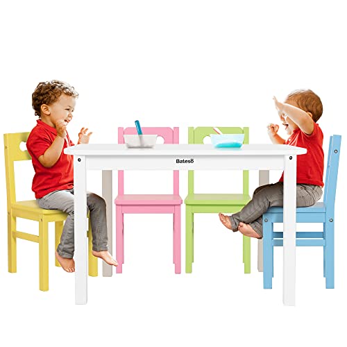 Bateso Kids Wooden Table & 4 Chairs Set for Eating, Learning, Activity, for Toddlers, Girls, Boys, 5 Piece Solid Children Wooden Furniture for Home, Classroom, Outside, Colorful