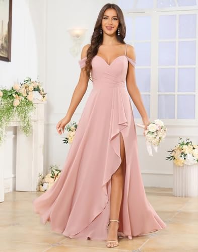 Women's Off The Shoulder Bridesmaid Dresses Long Ruffle Chiffon Formal Wedding Guest Gown with Slit4