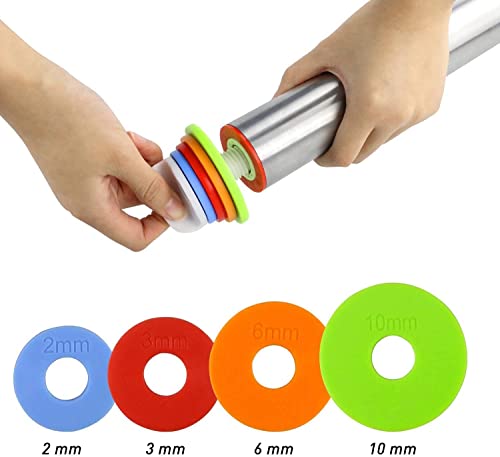 Image of DARKKI Adjustable Rolling Pin with 4 Thickness Rings, Stainless Steel Dough Roller