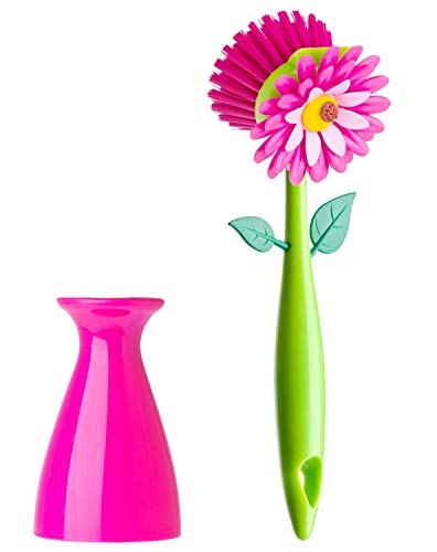 Vigar Flower Power 3-Piece Dishwashing Set, Includes Dish Brush With Holder, Sponge With Holder And Latex Dishwashing Gloves With Extra Long Cuff, Fun Floral Accents, Pink And Green #TOP1