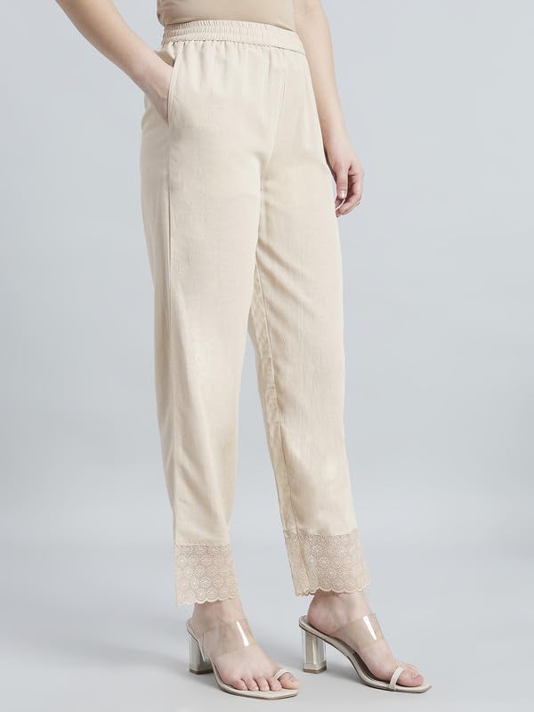 Image of GO COLORS Rayon Blend Ethnic Pant Organza for Women Full Length| Mid Rise, Lace Design