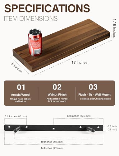 BATODA Set of 2 17\" Acacia Wood Floating Shelves Wall Mounted – Rustic Farmhouse Wooden Wall Storage Shelf Bedroom, Kitchen, Home Décor - Brackets and Shelving Mounting for DIY (Walnut Color)