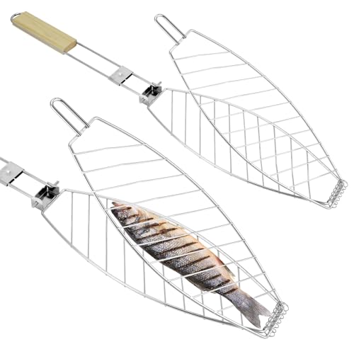 QWORK 2-Pack Stainless Steel Fish Grill Basket – Portable Locking Grill Rack for Small-Medium Fish, Camping & Home BBQ