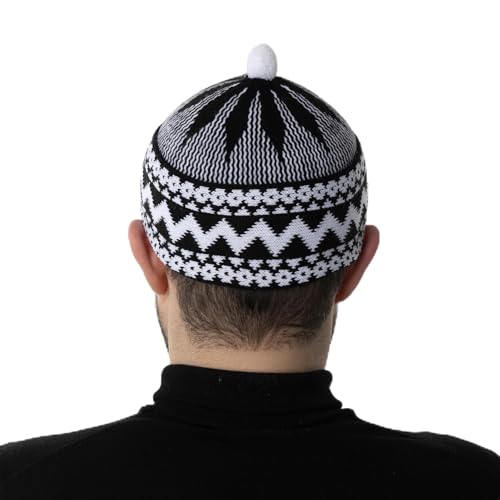 Modefa Mens Turkish Knitted Haji Muslim Kufi Hats for Men Breathable Prayer Cap for Daily Prayer & Casual Wear One Size (US Alpha One Size Black)
