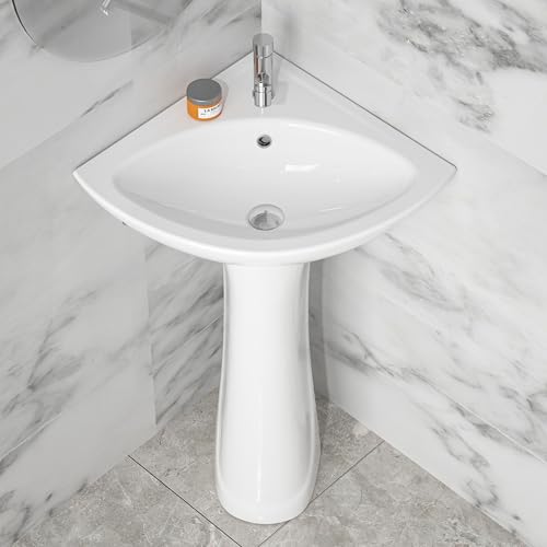 HOMLYLINK Corner Pedestal Sink White 1 Hole, 23 x 19 Inch Small Bathroom Pedestal Sink Combo...