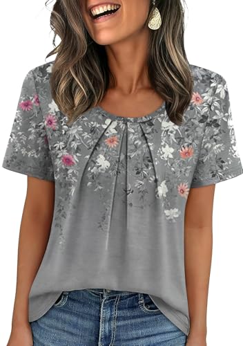 Image of WIHOLL Women T Shirts Pleated Short Sleeve Tops Business Casual Dressy Blouses